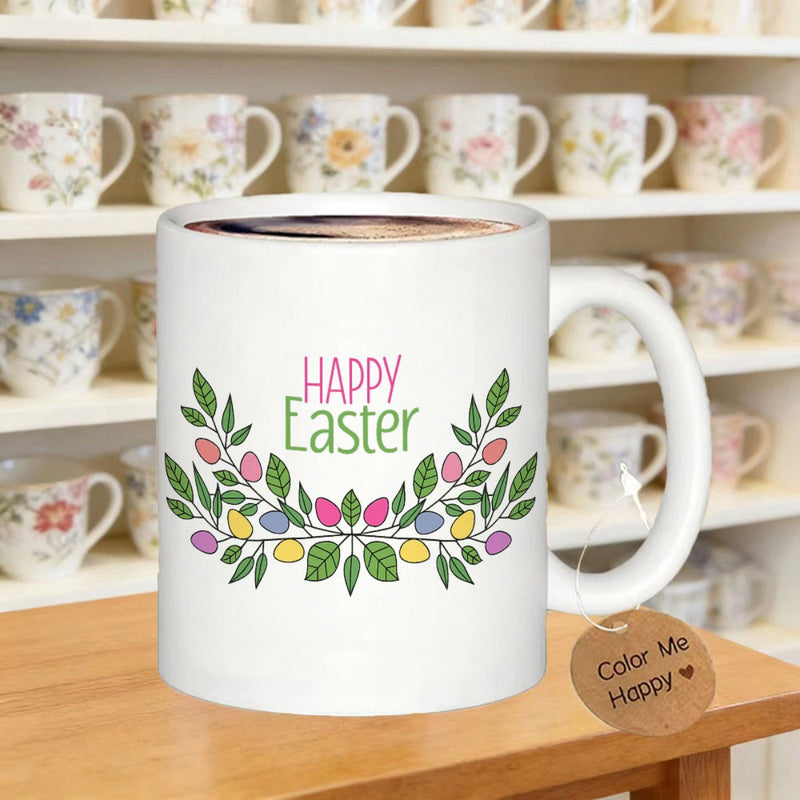 Tailorly White Ceramic 11 oz Mug - Happy Easter Colorful Speckled Eggs Nestled Within A Symmetrical Lush Green Leaf Foliage Wreath