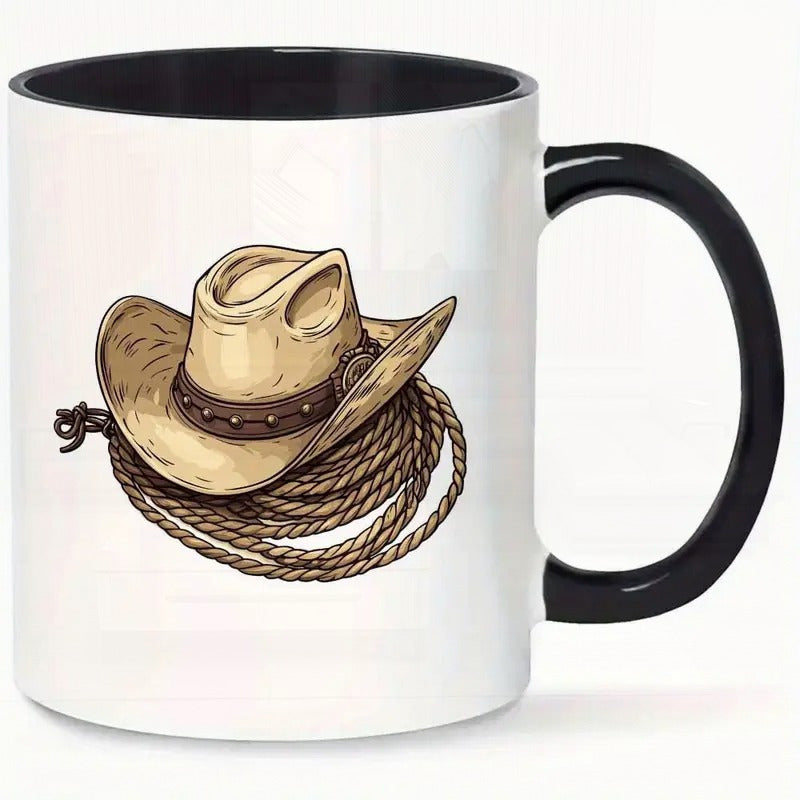 Tailorly Black Accent 11 oz Mug - western cowboy hat with rope illustration