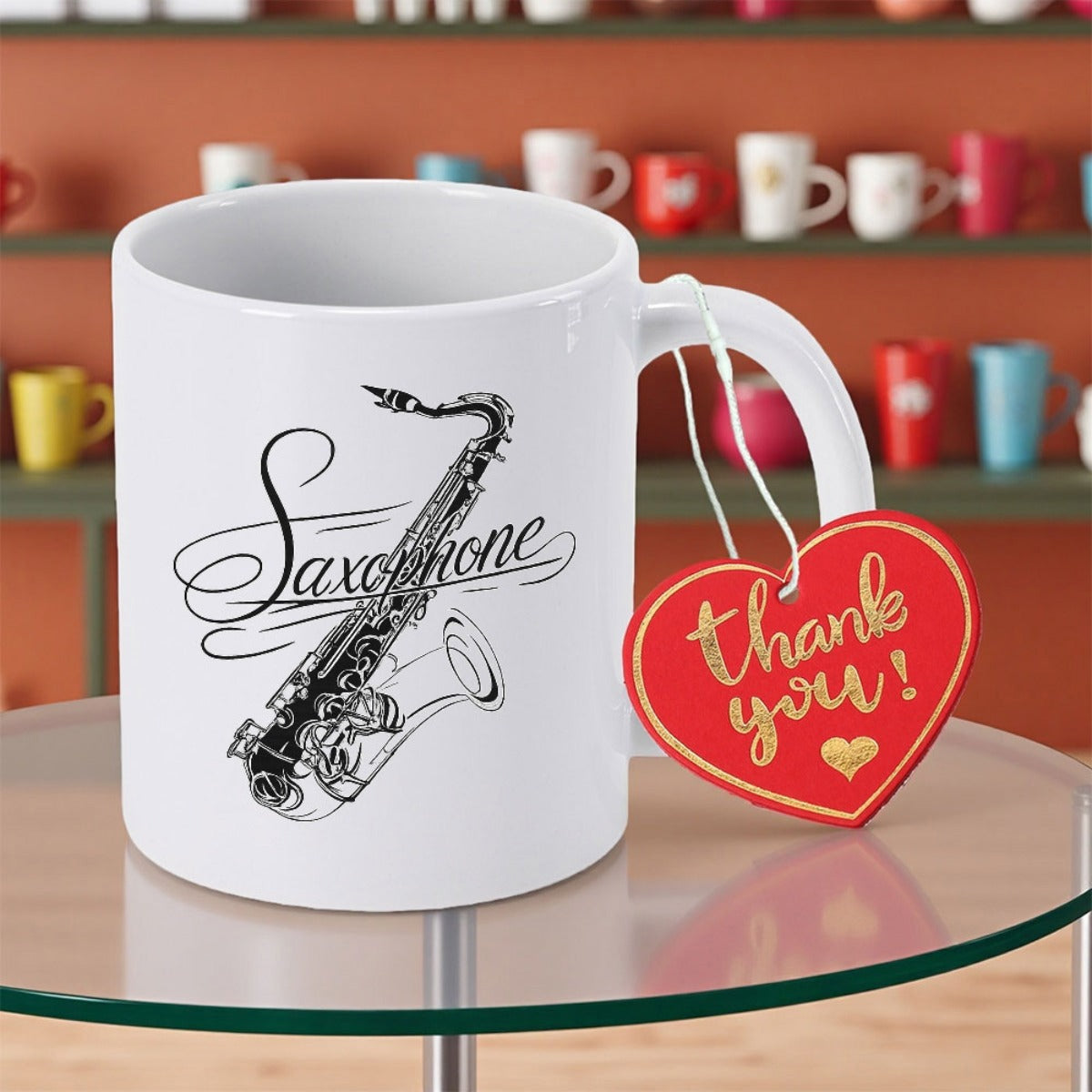 Tailorly White Ceramic 11 oz Mug - Saxophone Elegant Black Ink Illustration Of A Classic Jazz Musical Instrument Saxophone
