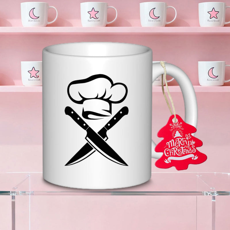 Tailorly White Ceramic 11 oz Mug - Professional Culinary Toque Set Above Two Sharp Crossed Classic Kitchen Knives Chef