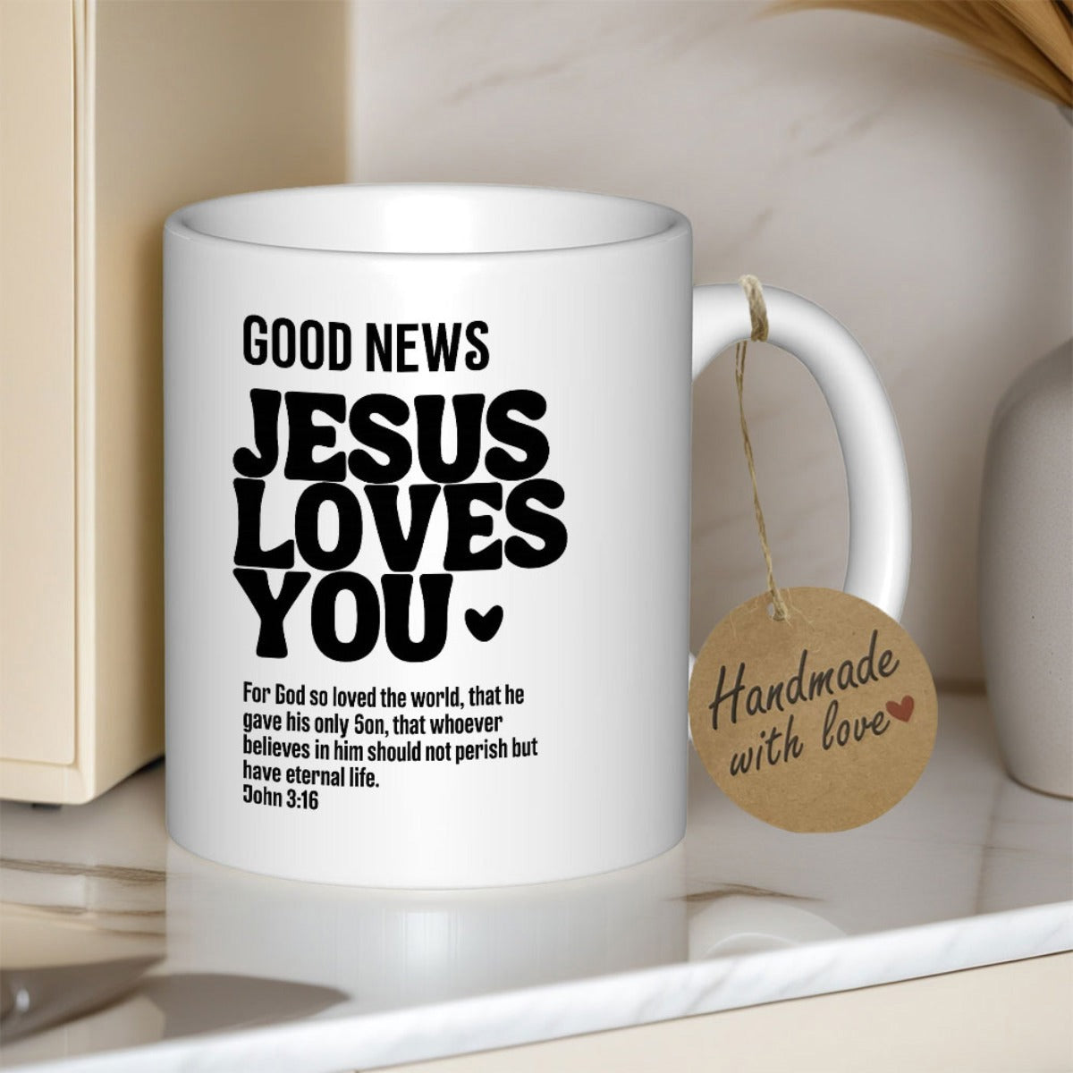 Tailorly White Ceramic 11 oz Mug - Good News Jesus Loves You Bold Retro Groovy Typography Featuring Small Heart Script