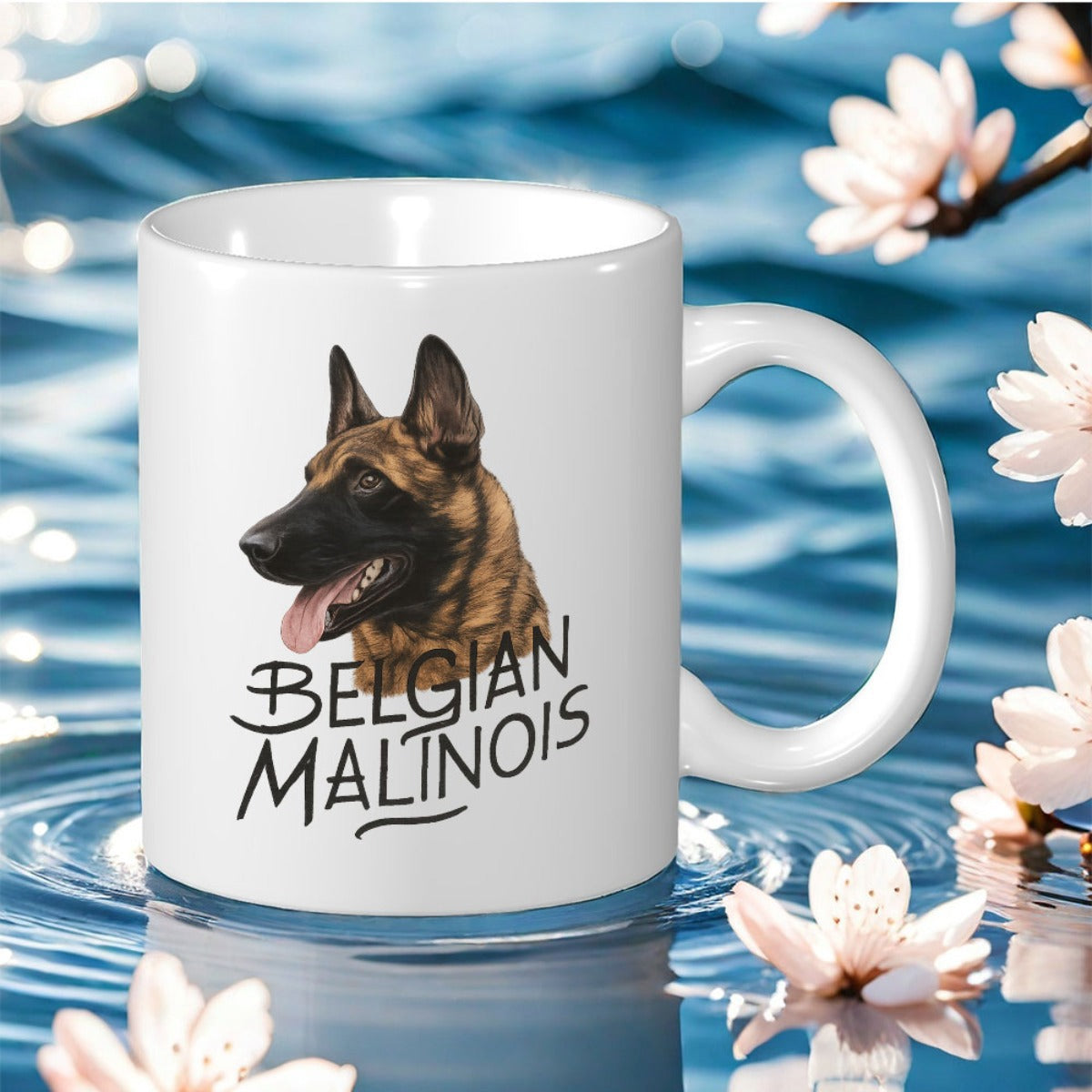 Tailorly White Ceramic 11 oz Mug - Belgian Malinois Realistic Portrait Of A Loyal Pet Against Rippling Water Surface Dog