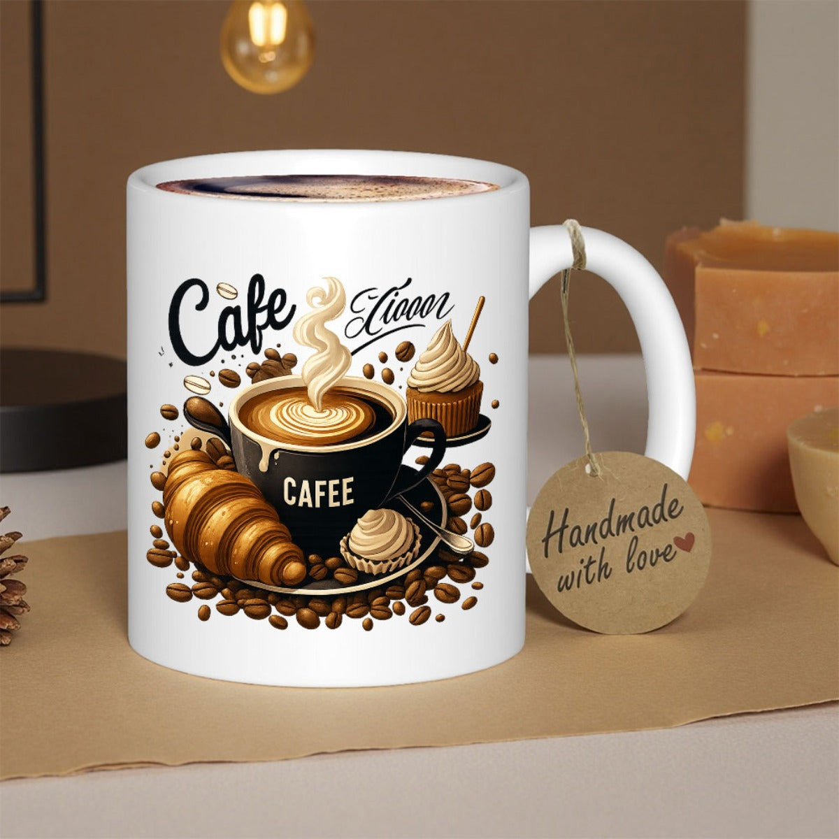 Tailorly White Ceramic 11 oz Mug - Cafe Lover Steaming Hot Cup Surrounded By Roasted Beans And Golden Croissant Coffee