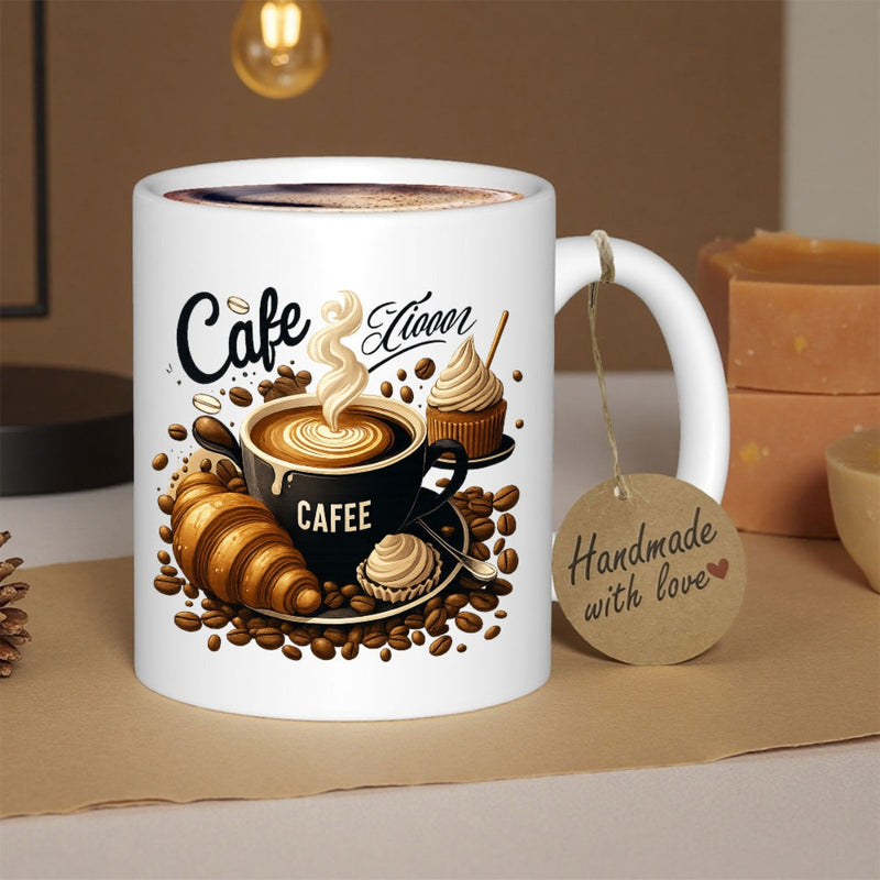 Tailorly White Ceramic 11 oz Mug - Cafe Lover Steaming Hot Cup Surrounded By Roasted Beans And Golden Croissant Coffee