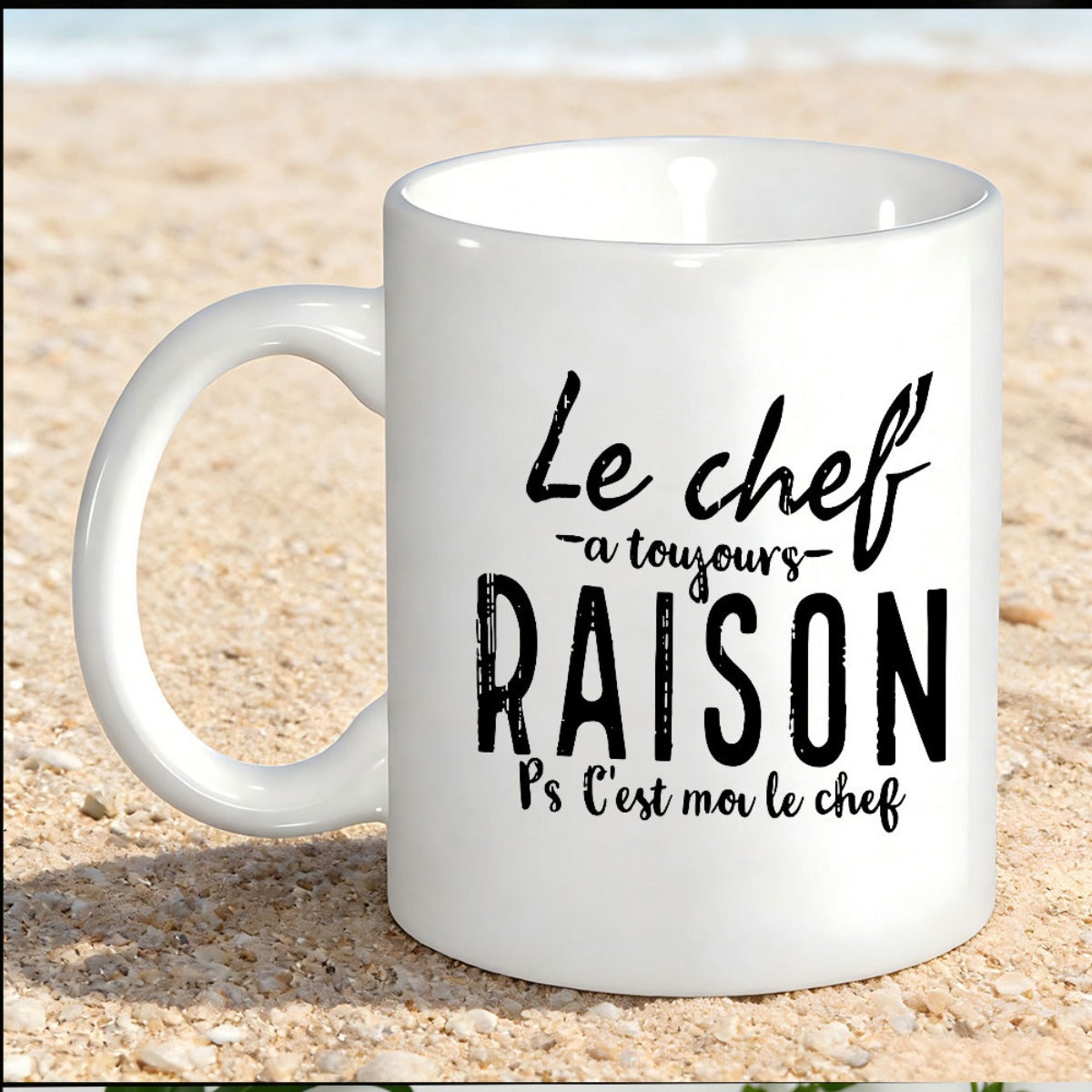 Tailorly White Ceramic 11 oz Mug - Pure Placed On Sandy Beach Under Soft Sunlight Mug