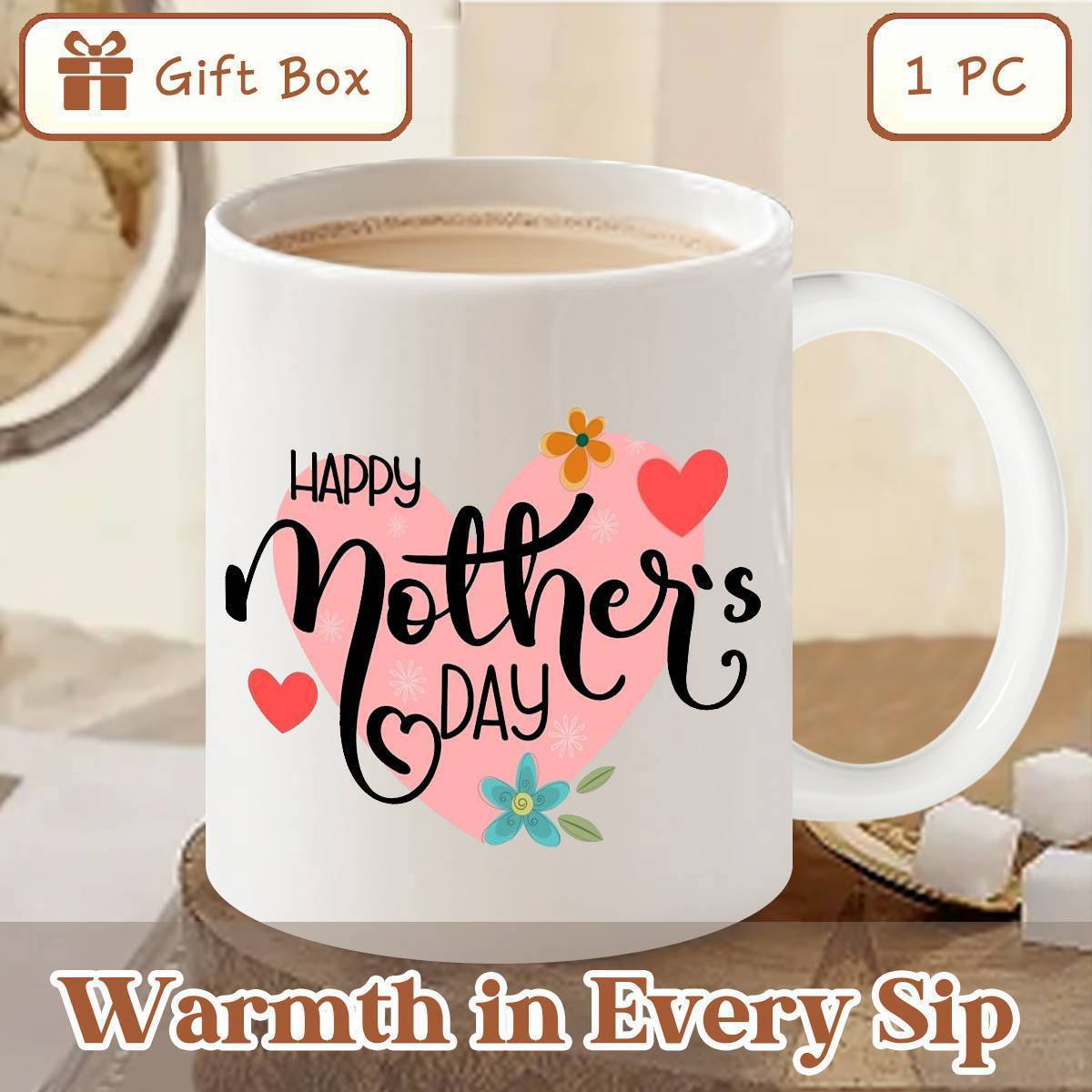 Tailorly White Ceramic 11 oz Mug - Happy Mothers Day Warmth In Every Sip Pink Heart Background With Delicate Flowers And Small Red Hearts Floating Heart
