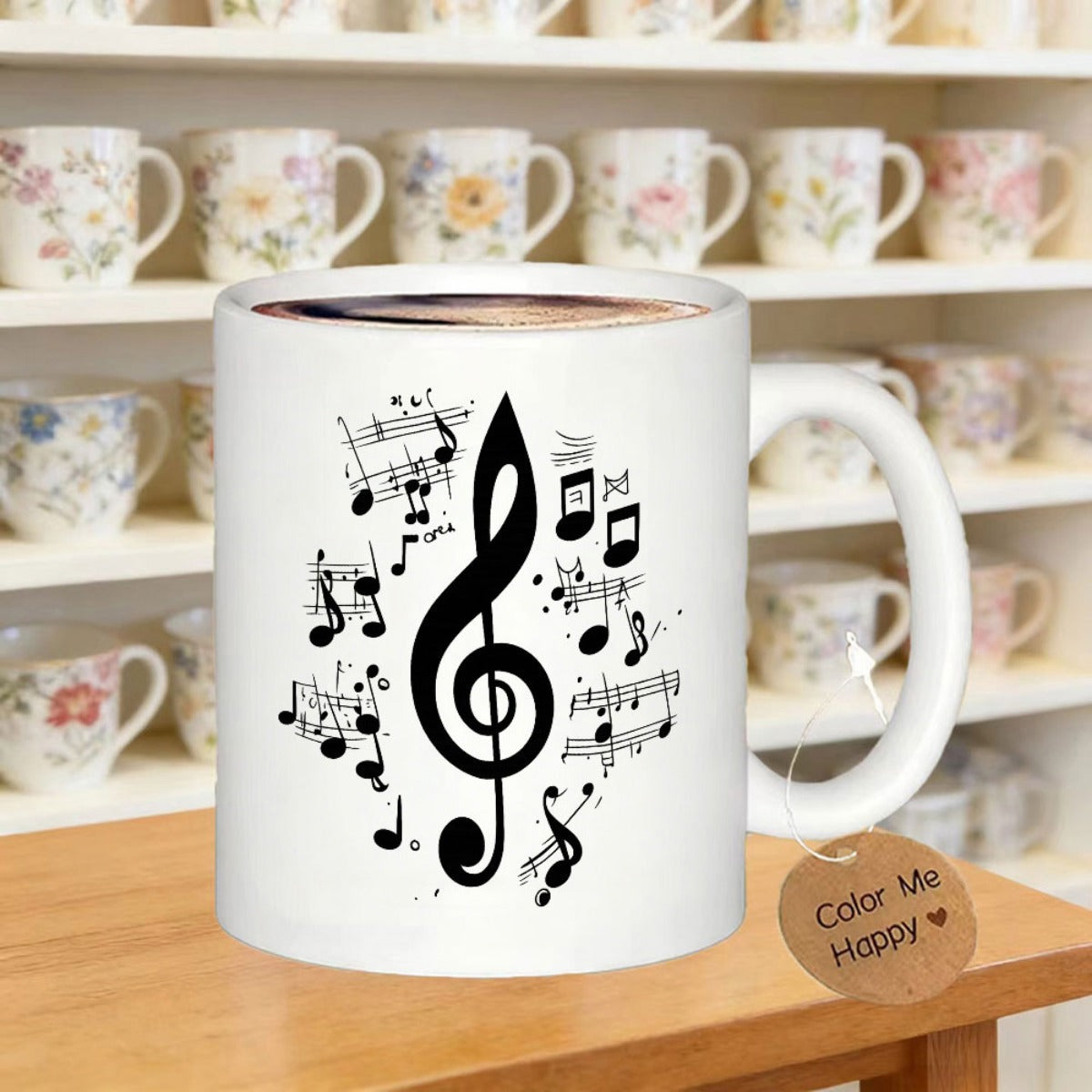 Tailorly White Ceramic 11 oz Mug - Color Me Happy Artistic Black Treble Clef Surrounded By Flowing Rhythmic Musical Notes
