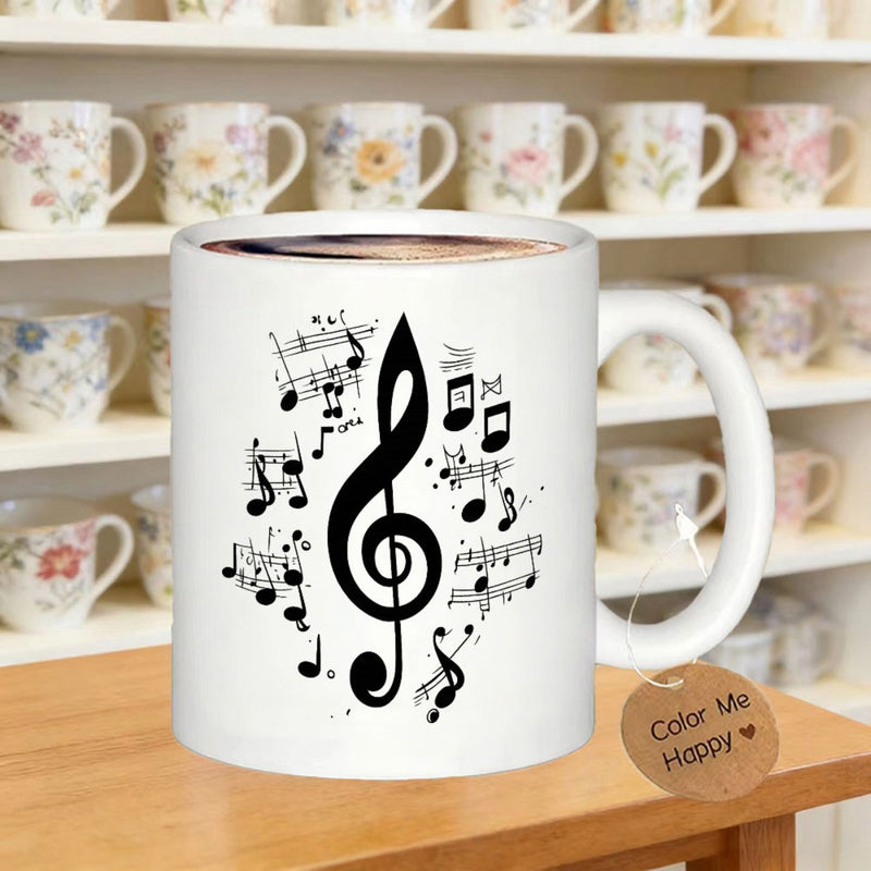 Tailorly White Ceramic 11 oz Mug - Color Me Happy Artistic Black Treble Clef Surrounded By Flowing Rhythmic Musical Notes