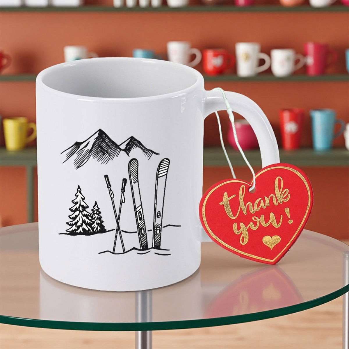Tailorly White Ceramic 11 oz Mug - Thank You Hand Drawn Majestic Snowy Peaks With Evergreen Trees And Skis Mountain