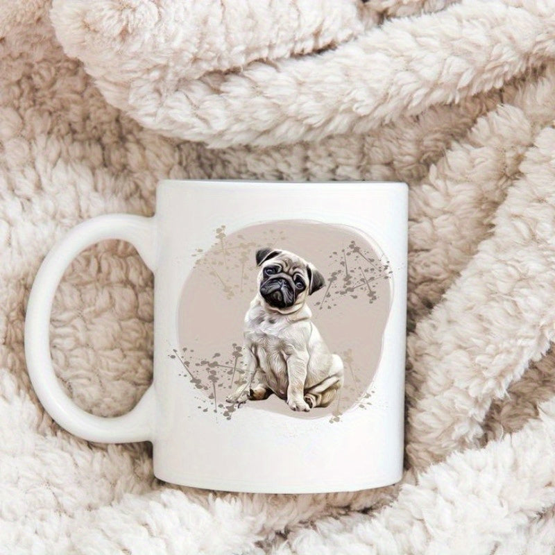 Tailorly White Ceramic 11 oz Mug - Cute Wrinkly Pug Puppy Sitting Calmly Against Soft Earthy Circular Background Pug