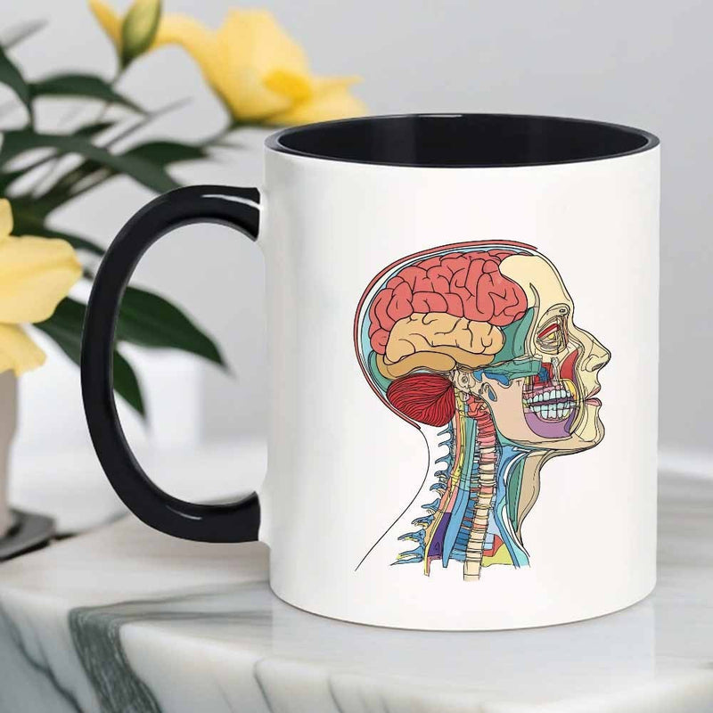 Tailorly Black Accent 11 oz Mug - human anatomy brain neck muscles illustration