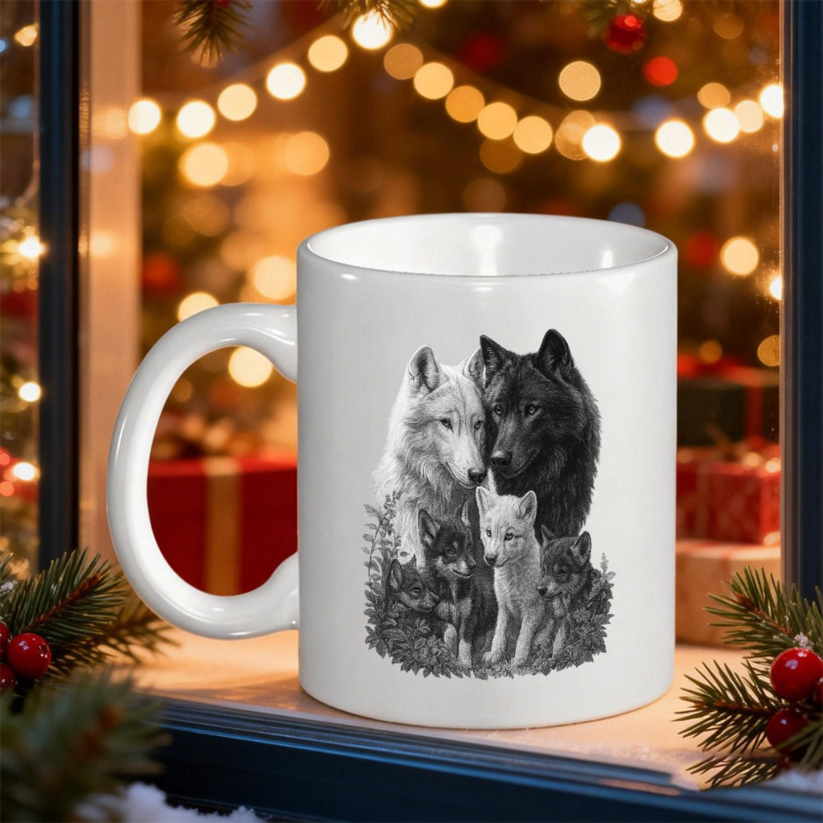 Tailorly White Ceramic 11 oz Mug - Majestic White And Black Alpha Pair With Cubs Among Wild Grass Wolves