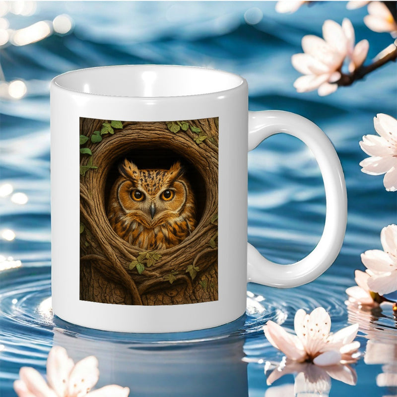 Tailorly White Ceramic 11 oz Mug - Majestic Forest Bird Peeking Out From Within A Rustic Tree Hollow Owl