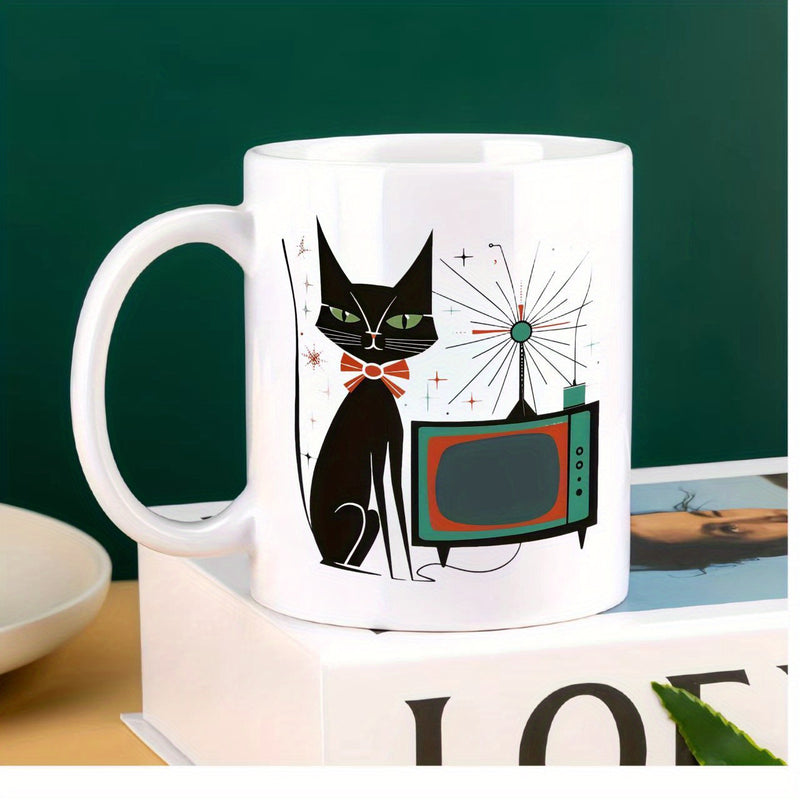 Tailorly White Ceramic 11 oz Mug - Retro Atomic Black Cat Wearing Bow Tie Next To Vintage Television Cat