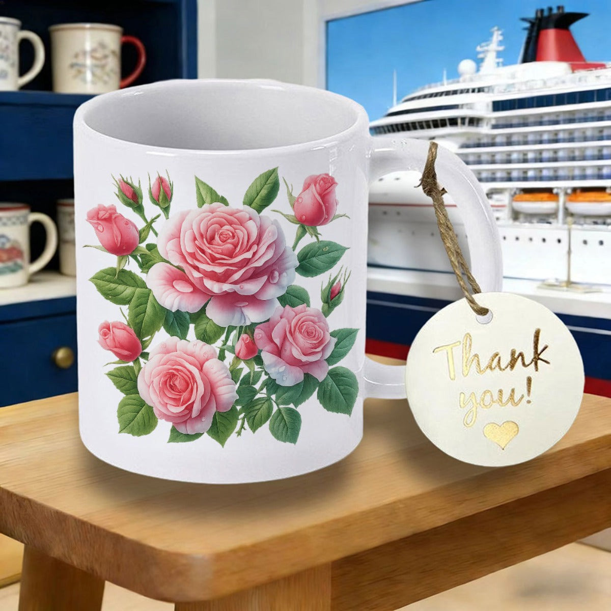 Tailorly White Ceramic 11 oz Mug - Elegant Blooming Pink Petals With Green Leaves On Budding Stems Rose