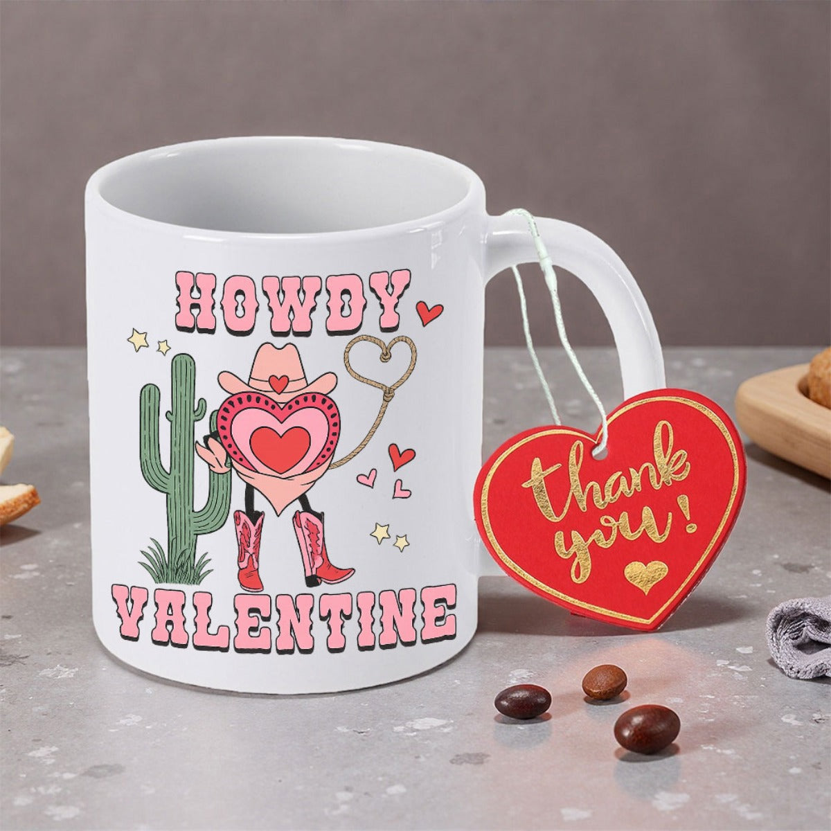 Tailorly White Ceramic 11 oz Mug - Howdy Valentine Retro Pink Heart Character Wearing Cowboy Boots And Hat Near Cactus Heart