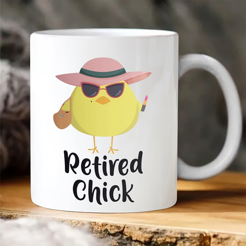 Tailorly White Ceramic 11 oz Mug - Retired Chick Charming Cartoon Bird Wearing A Fashionable Pink Sunhat And Sunglasses Chick