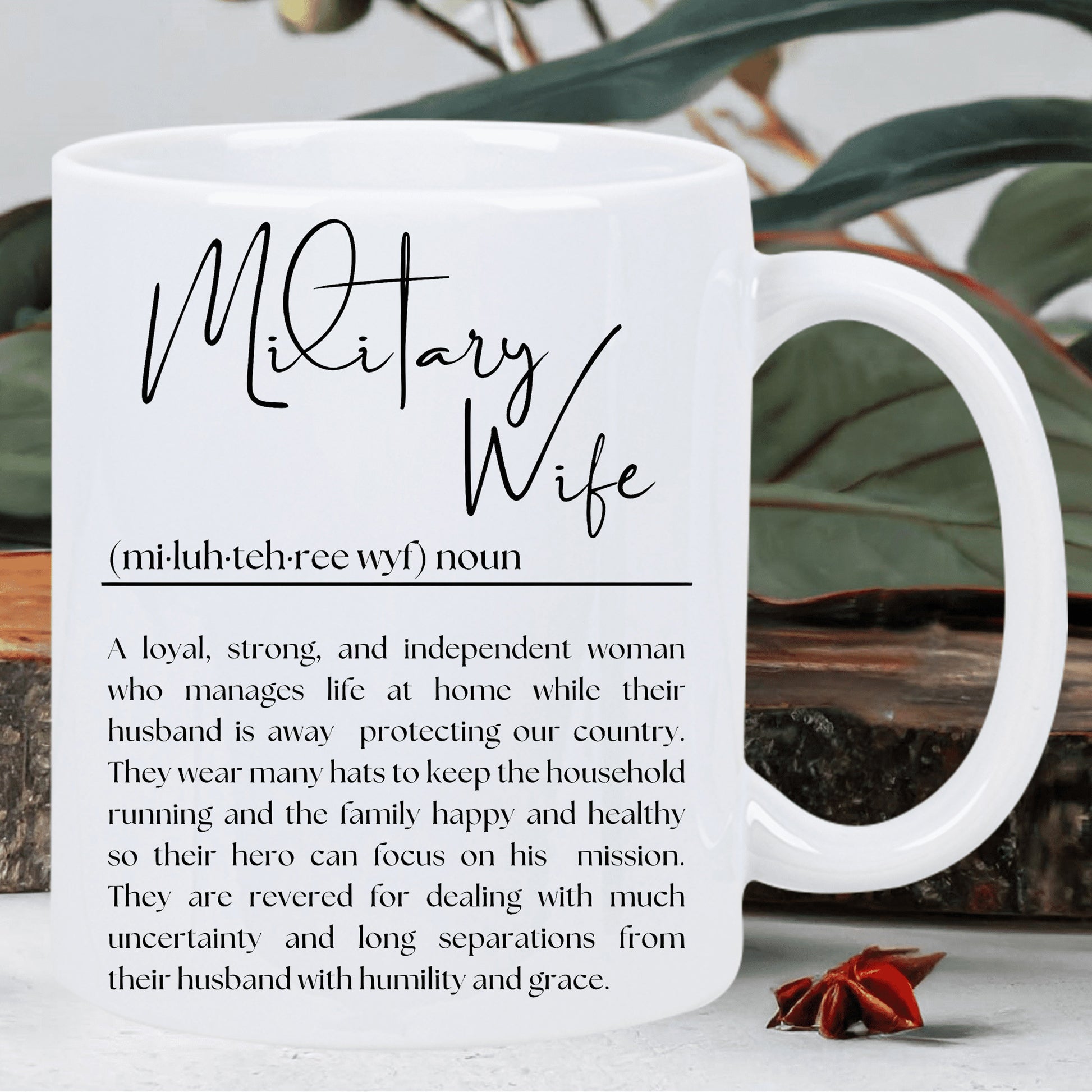 Tailorly White Ceramic 11 oz Mug - Military Wife Minimalist Black Lettering Printed Against Polished Smooth Pure
