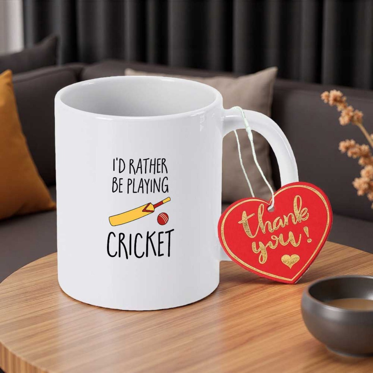 Tailorly White Ceramic 11 oz Mug - Id Rather Be Playing Cricket Minimalist Style Hand Drawn Sports Equipment Including Wooden Bat Red Ball Cricket Bat