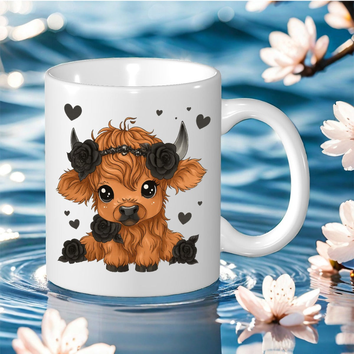 Tailorly White Ceramic 11 oz Mug - Adorable Fluffy Brown Calf Featuring Black Roses And Delicate Small Hearts Highland Cow