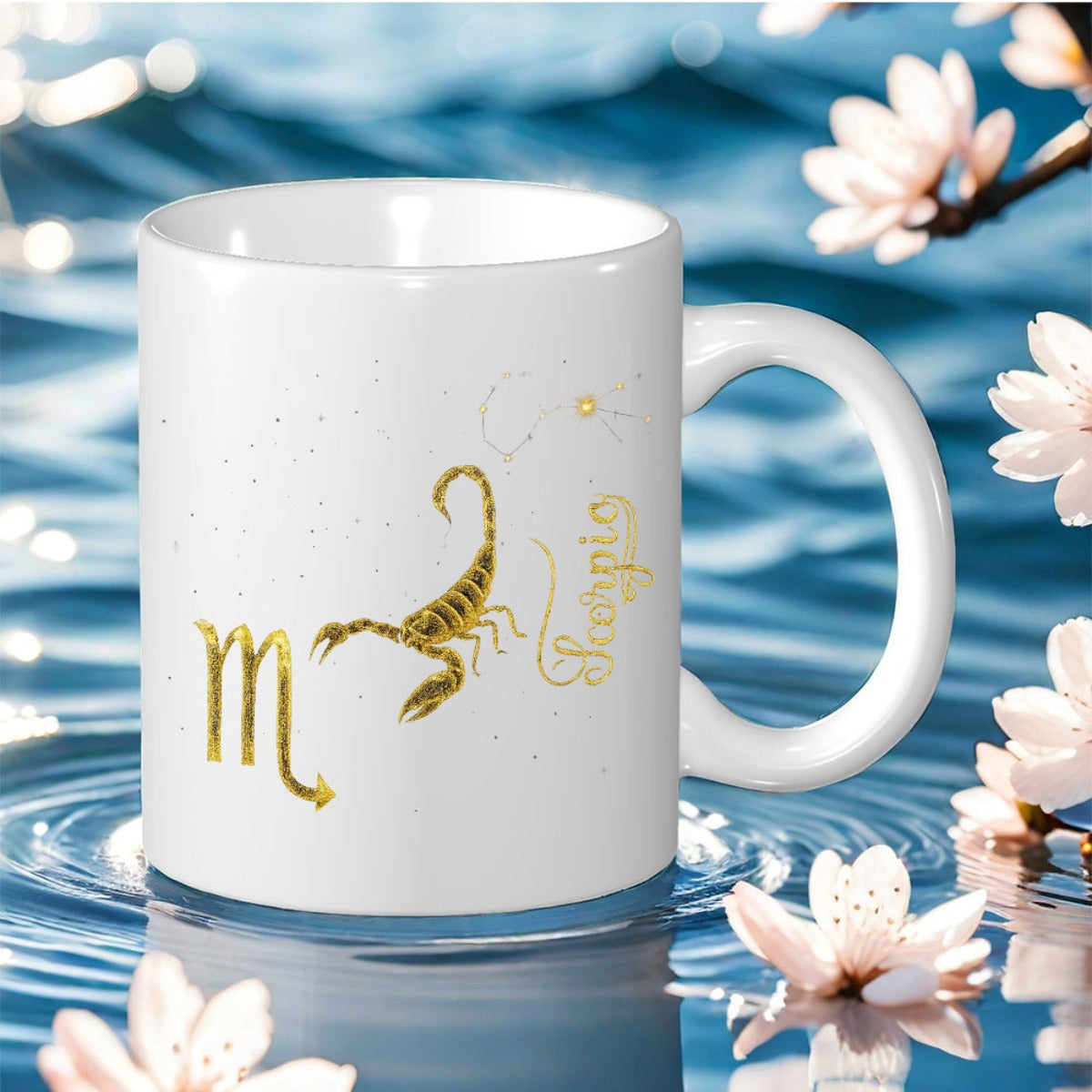 Tailorly White Ceramic 11 oz Mug - Scorpio Glimmering Golden Celestial Constellation With A Majestic Desert Scorpion