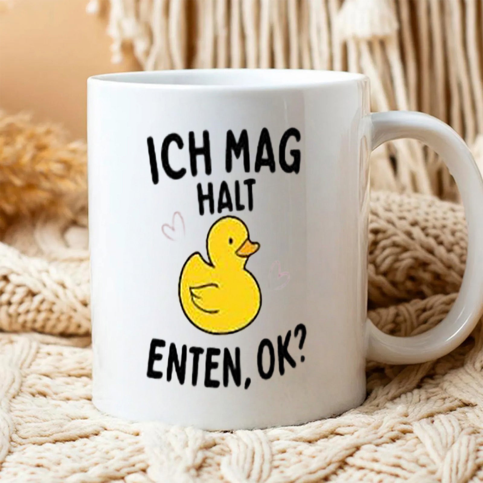Tailorly White Ceramic 11 oz Mug - Adorable Vibrant Yellow Rubber Duck Swimming Cheerfully Beside Minimalist Heart Outline Duck
