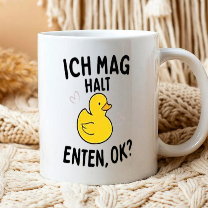 Tailorly White Ceramic 11 oz Mug - Adorable Vibrant Yellow Rubber Duck Swimming Cheerfully Beside Minimalist Heart Outline Duck