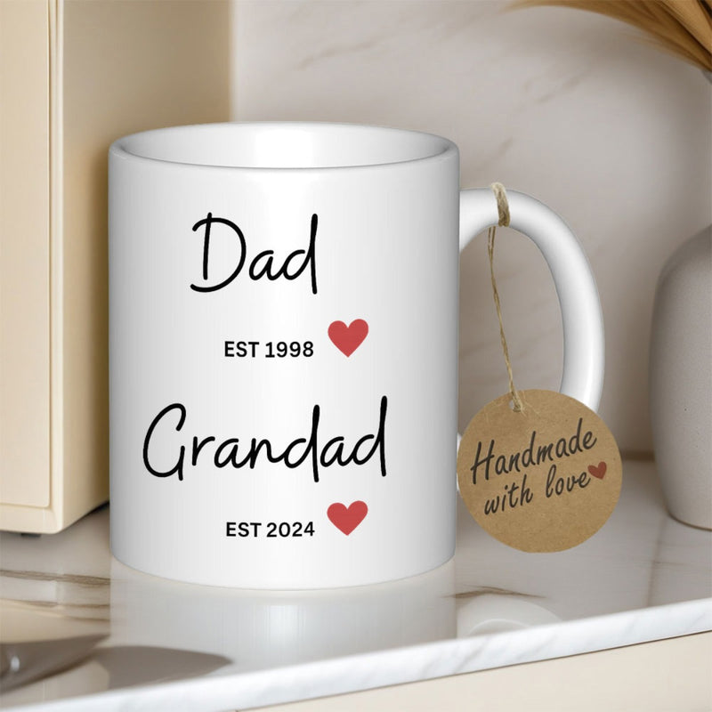 Tailorly White Ceramic 11 oz Mug - Dad Grandad EST 1998 EST 2024 Minimalist Script Text Featuring Tiny Red Hearts On A White Background Mug