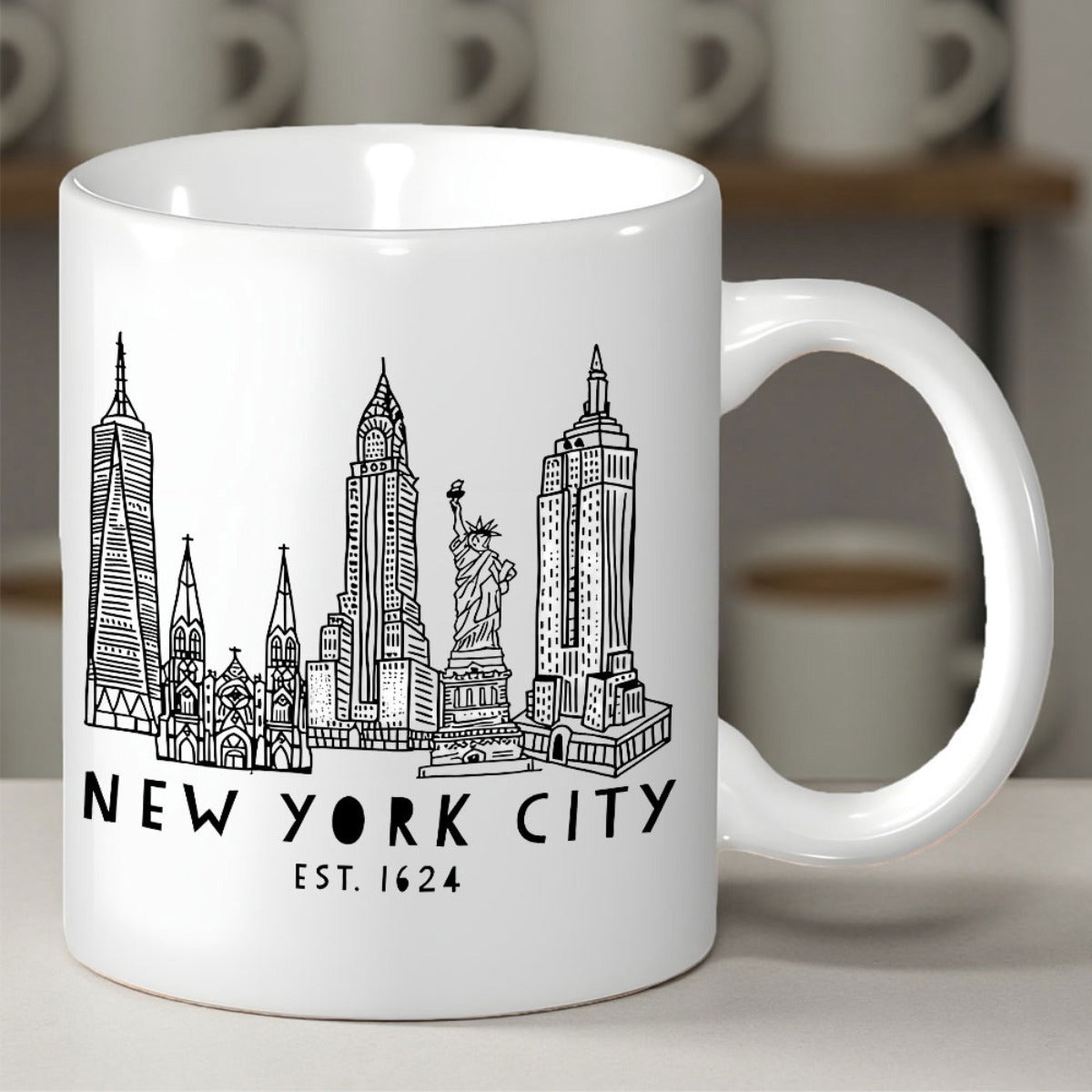 Tailorly White Ceramic 11 oz Mug - New York City Est 1624 Minimalist Black Line Art Style Featuring Famous Iconic Urban Skyscraper Skyline