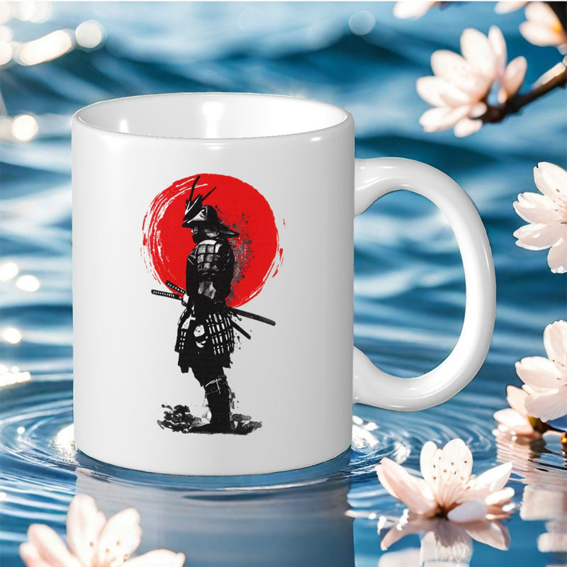 Tailorly White Ceramic 11 oz Mug - Traditional Japanese Warrior Standing Before A Bold Red Rising Sun Samurai