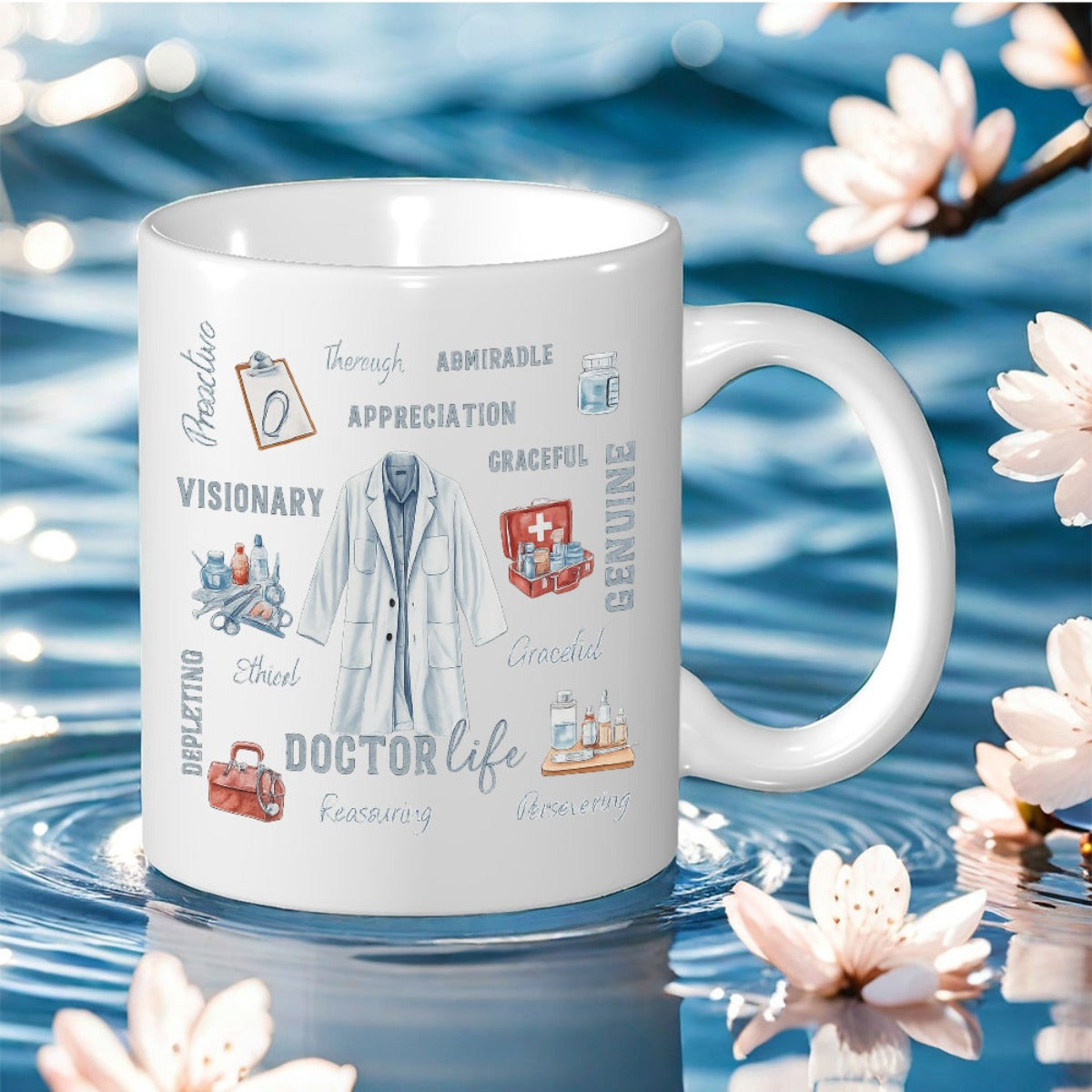 Tailorly White Ceramic 11 oz Mug - Doctor Life Appreciation Professional White Lab Coat Surrounded By Stethoscope And Medical Icons Lab Coat
