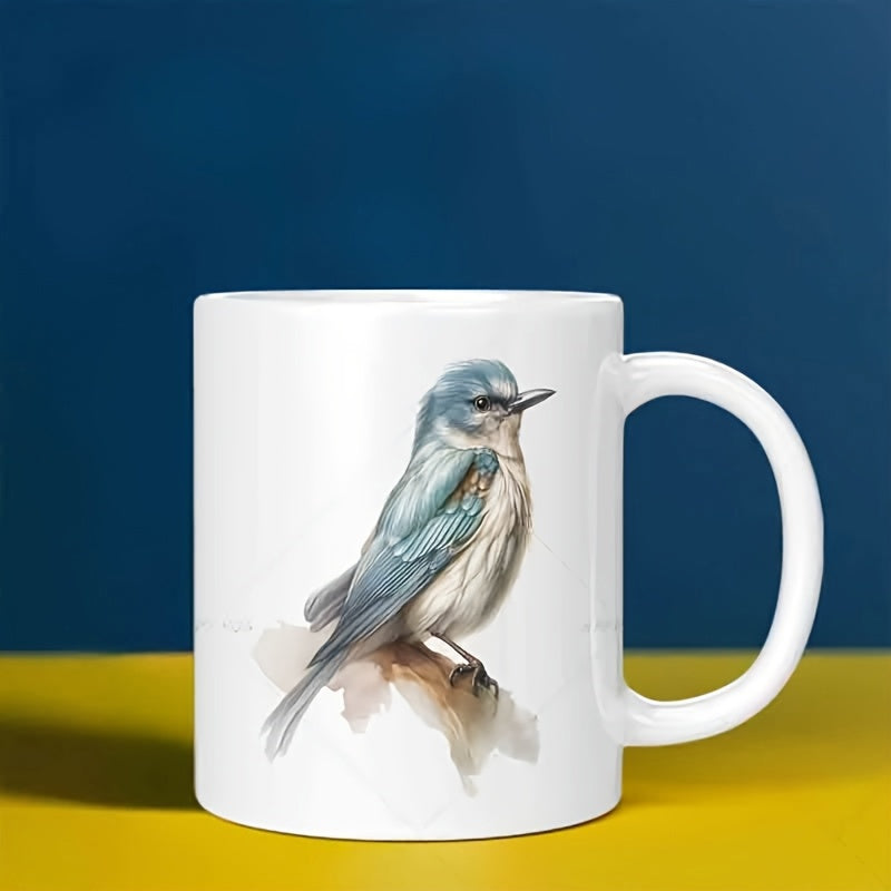 Tailorly White Ceramic 11 oz Mug - Beautiful Artistic Watercolor Blue Bird Perched Upon A Small Wooden Branch Bird