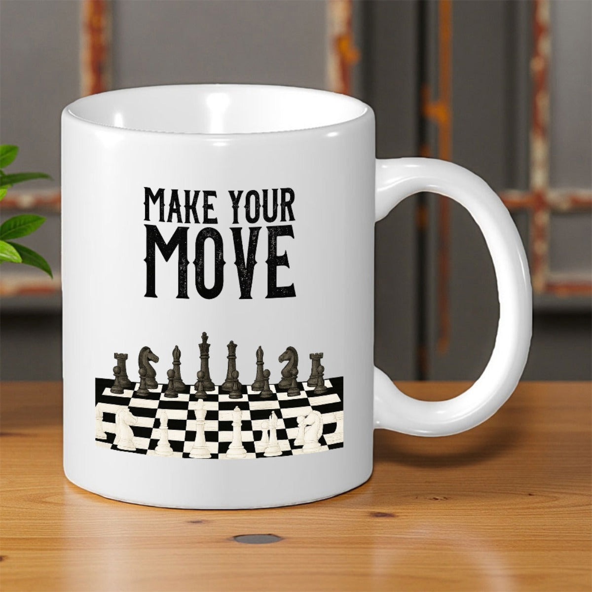 Tailorly White Ceramic 11 oz Mug - Make Your Move Traditional Strategy Game With Black And White Pieces Chessboard