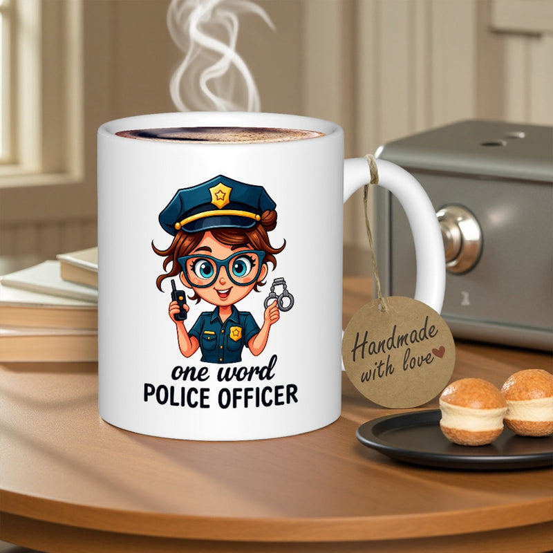 Tailorly White Ceramic 11 oz Mug - One Word Police Officer Charming Cartoon Female Wearing Glasses And Uniform Holding Handcuffs Police Officer