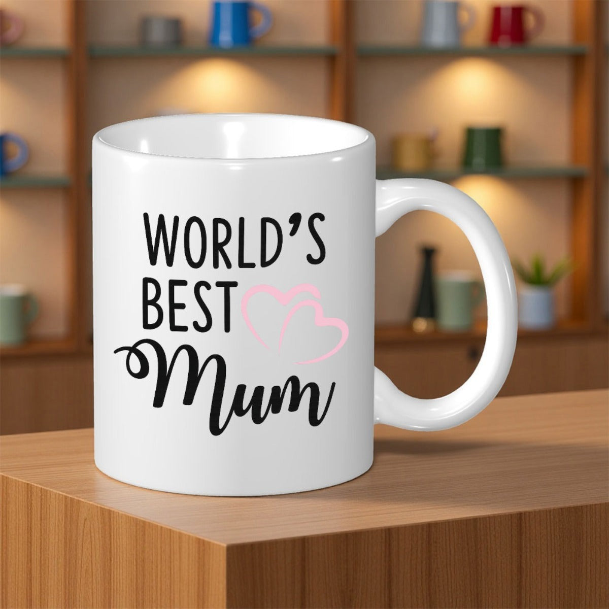 Tailorly White Ceramic 11 oz Mug - Worlds Best Mum Classic Ceramic Surface With Two Small Pink Overlapping Outlined Mug