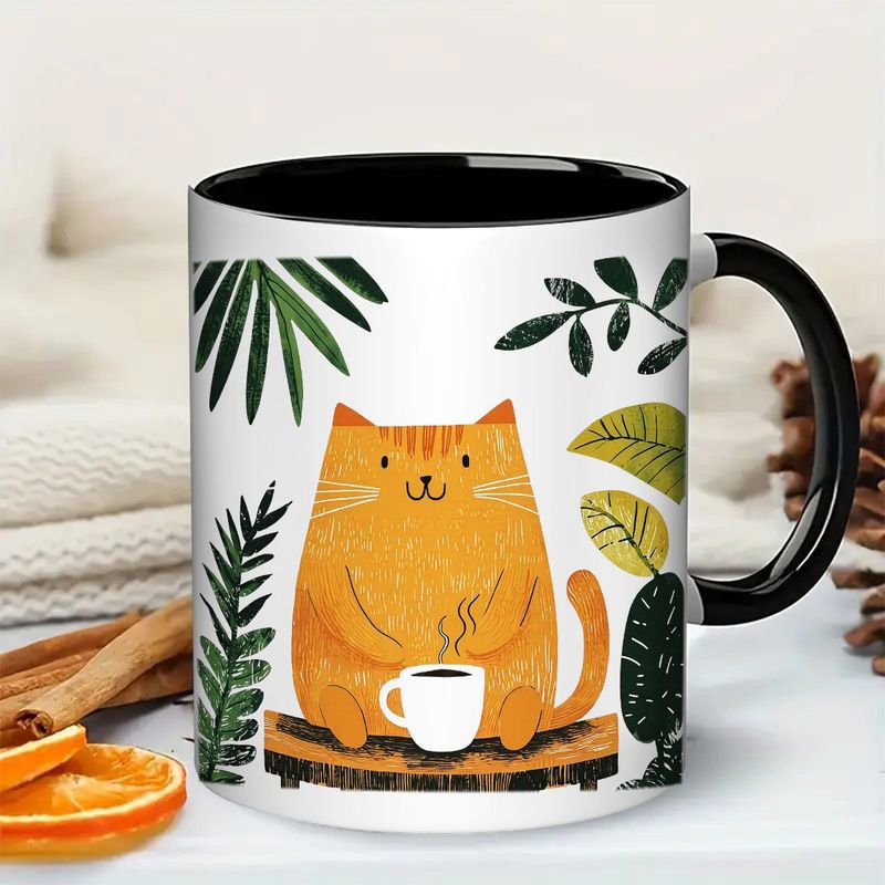 Tailorly Black Accent 11 oz Mug - item picture 11oz cute cat coffee mug with adorable orange tabby kitten sipping foliage design ceramic cup with black