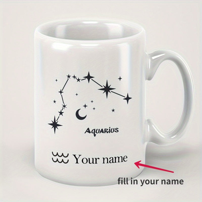 Tailorly White Ceramic 11 oz Mug - Aquarius Your Name Simple Black Celestial Stars With Crescent Moon And Zodiac Waves Constellation