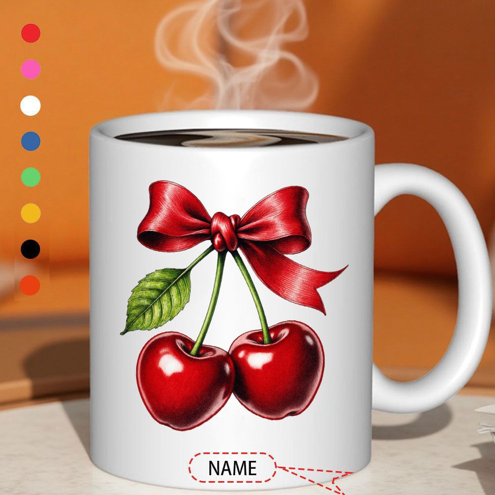 Tailorly White Ceramic 11 oz Mug - Vibrant Glossy Red Fruit With Elegant Satin Ribbon Tied In Bow Cherry