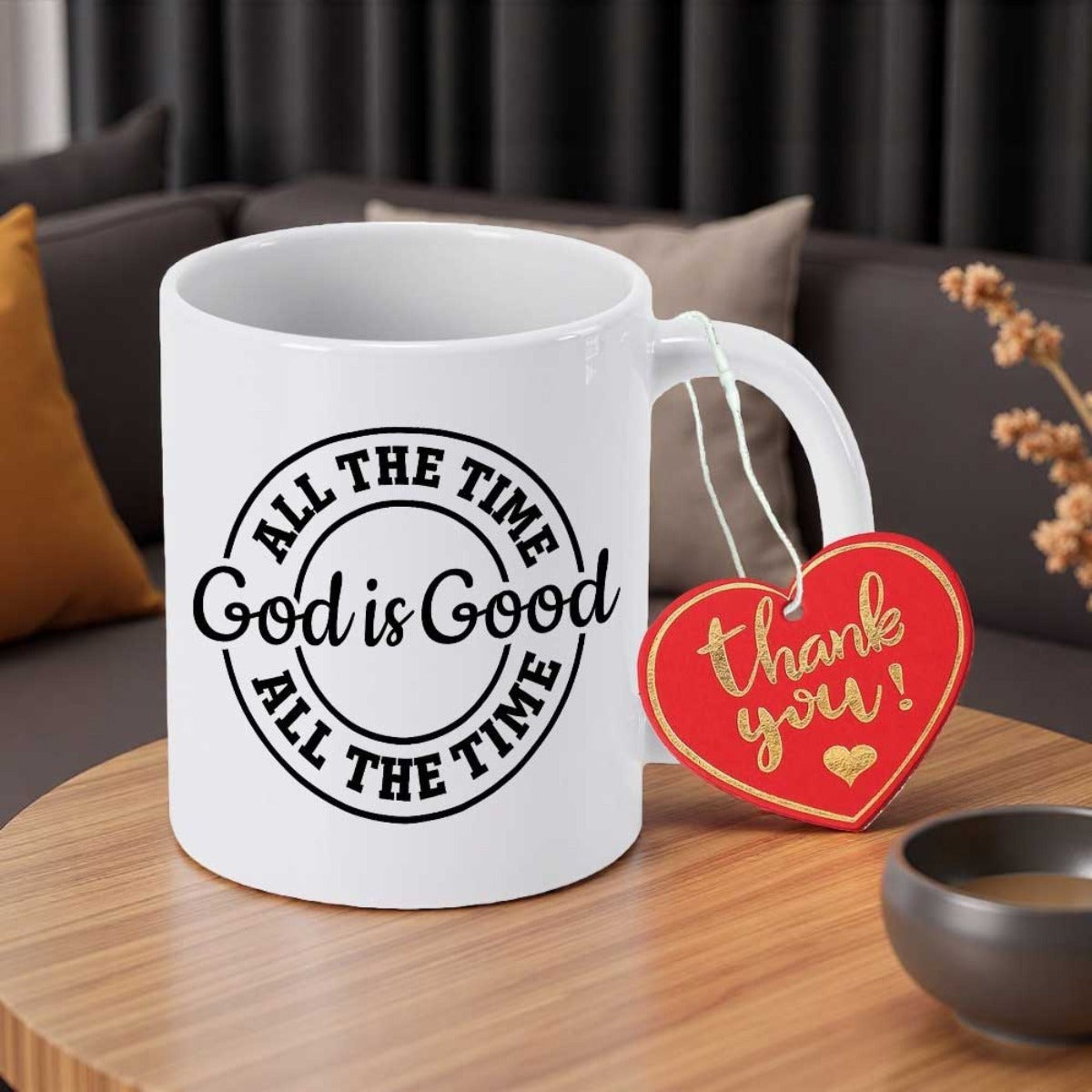 Tailorly White Ceramic 11 oz Mug - God Is Good All The Time Thank You Clean Featuring Circular Religious Quote Design On Front Mug