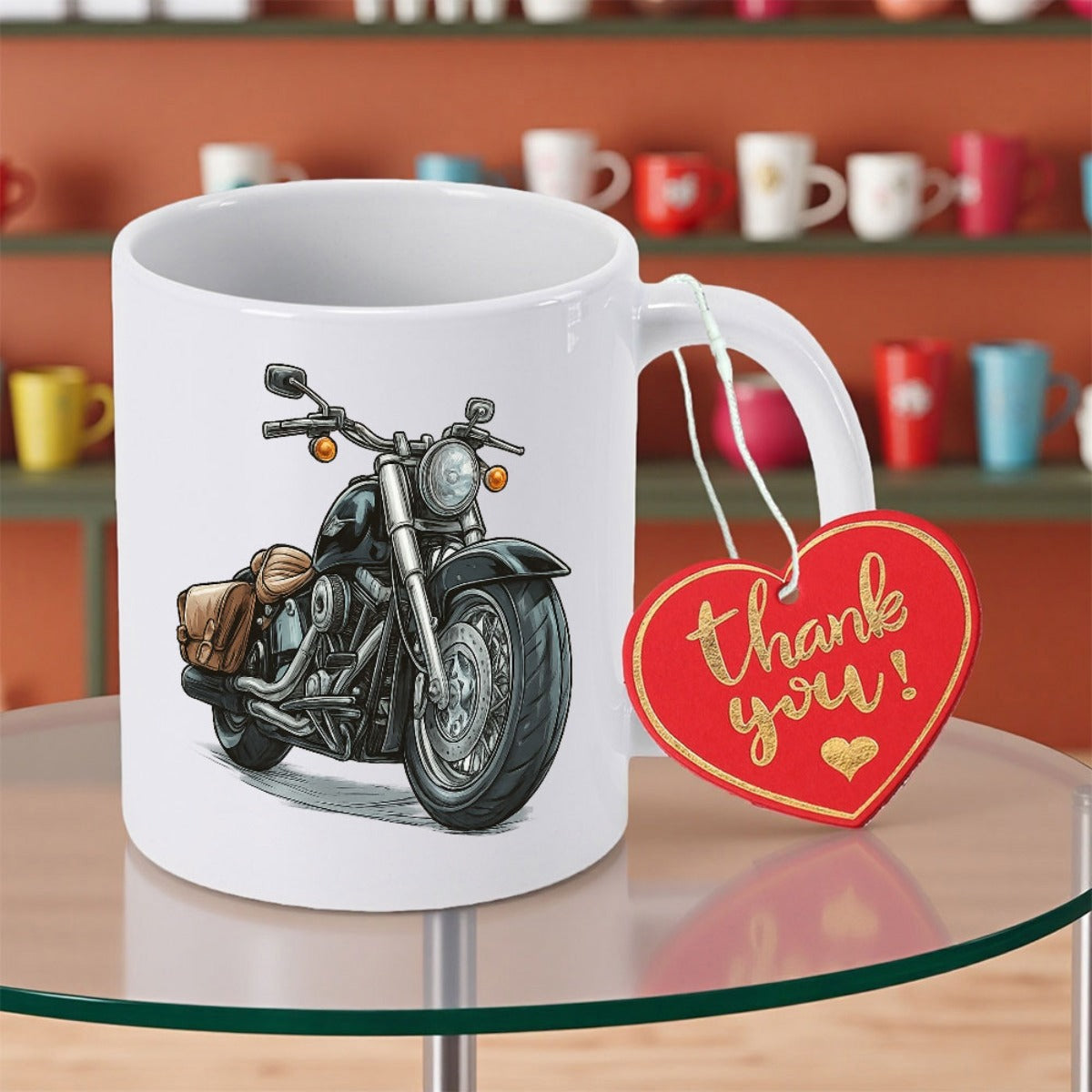 Tailorly White Ceramic 11 oz Mug - Thank You Detailed Vintage Black Cruiser With Brown Leather Side Bags Motorcycle
