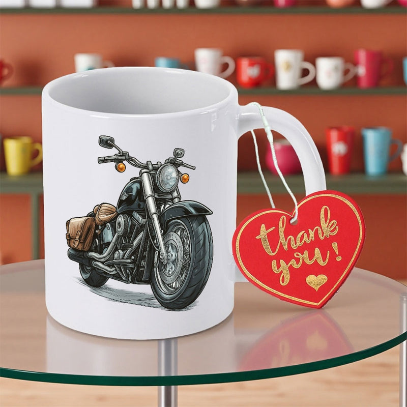 Tailorly White Ceramic 11 oz Mug - Thank You Detailed Vintage Black Cruiser With Brown Leather Side Bags Motorcycle