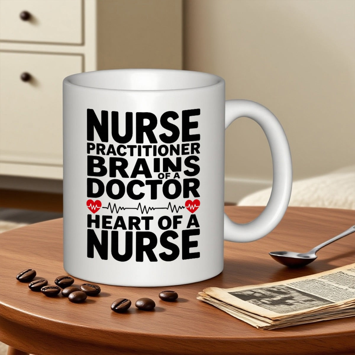 Tailorly White Ceramic 11 oz Mug - Nurse Practitioner Brains Of A Doctor Heart Of A Nurse Bold Black Typography Featuring Vibrant Red Heartbeat Pulse Lines
