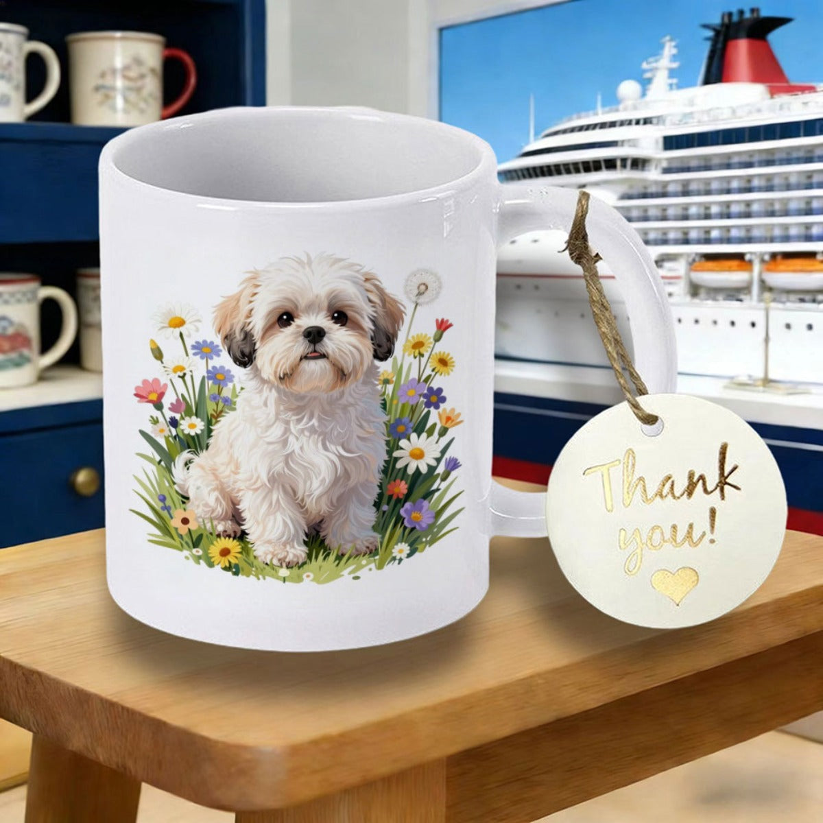 Tailorly White Ceramic 11 oz Mug - Thank You Fluffy White Shih Tzu Puppy Sitting Among Colorful Blooming Wildflowers Garden Dog