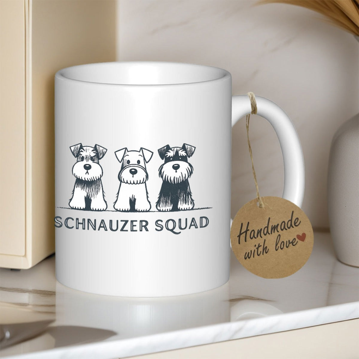 Tailorly White Ceramic 11 oz Mug - Schnauzer Squad Three Charming Hand Drawn Dog Characters Standing Together In Harmony Schnauzer