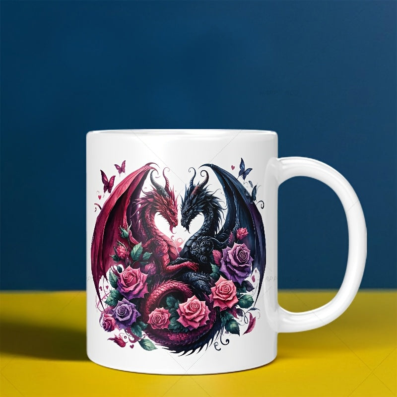 Tailorly White Ceramic 11 oz Mug - Two Mystical Creatures Among Blooming Colorful Roses With Fluttering Butterflies Flying Nearby Dragon