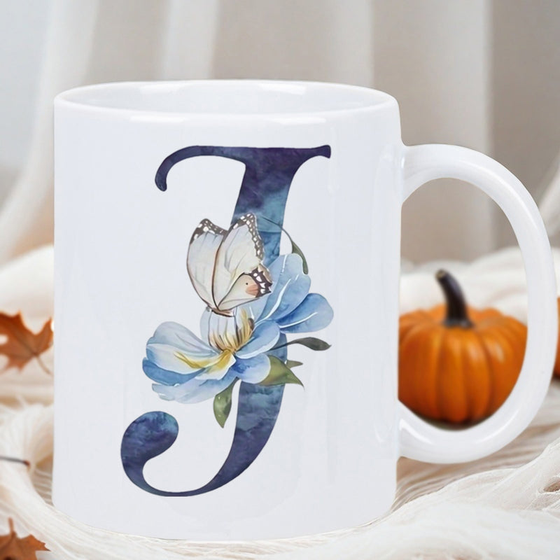 Tailorly White Ceramic 11 oz Mug - Elegant Watercolor Blue Flowers With White Butterfly Resting On Stylized Letter