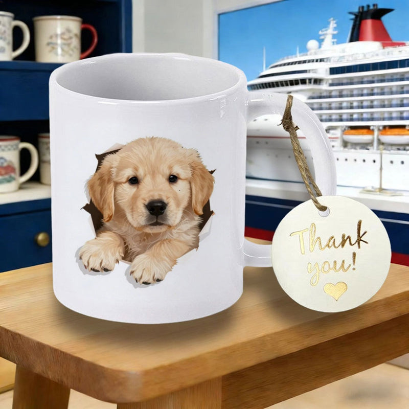 Tailorly White Ceramic 11 oz Mug - Adorable Golden Retriever Puppy Peeking Through A Realistic Cracked White Surface Puppy