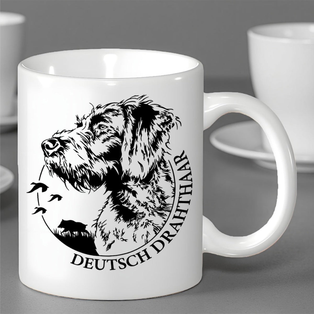 Tailorly White Ceramic 11 oz Mug - Detailed Artistic Profile Sketch Of Pointer Dog With Flying Wild Birds Dog