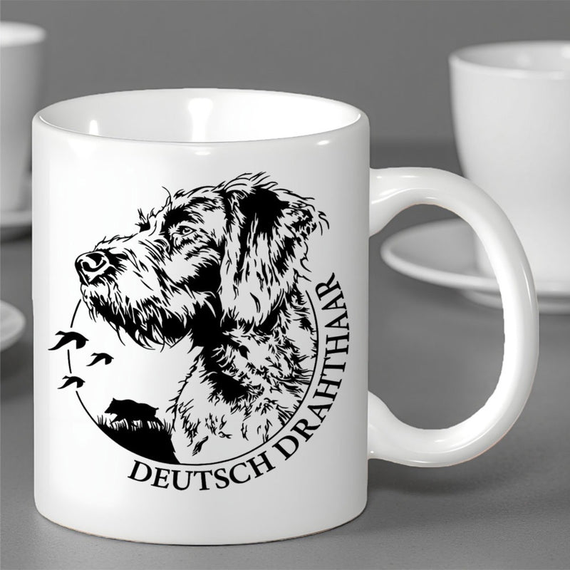 Tailorly White Ceramic 11 oz Mug - Detailed Artistic Profile Sketch Of Pointer Dog With Flying Wild Birds Dog