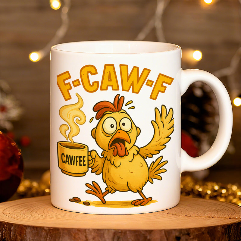 Tailorly White Ceramic 11 oz Mug - F Caw F Cawfee Funny Surprised Bird Holding Steaming Mug Of Morning Coffee Chicken